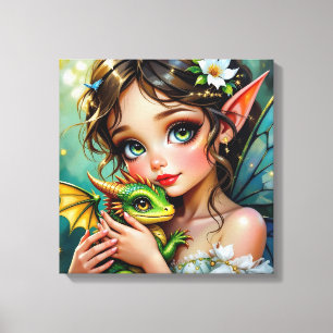 Sprookjesachtig elfje en draak thema meisjes canvas afdruk