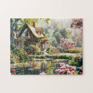 Sprookjesachtig huisje met Rododendrons en Vijver Legpuzzel