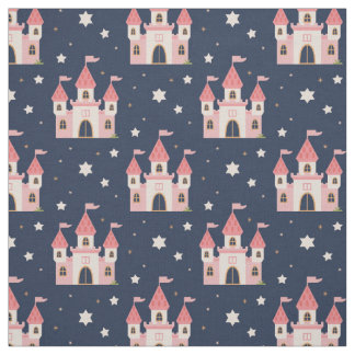 Sprookjesachtig roze kasteel met sterren op blauw stof