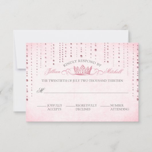 Sprookjesachtige bruiloft roze Sparkles & Crown RSVP Kaartje (Voorkant)