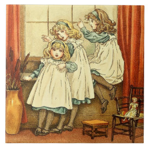 Sprookjesachtige Drie Meisjes Raam Kate Greenaway Tegeltje
