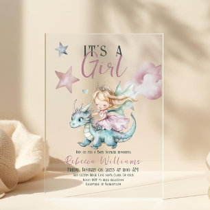 Sprookjesachtige Droom Draak Roze Prinses Baby Sho Acryl Uitnodigingen