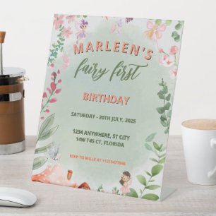 Sprookjesachtige Eerste Verjaardag Bos Aquarel Pad Reclamebord Met Voetstuk