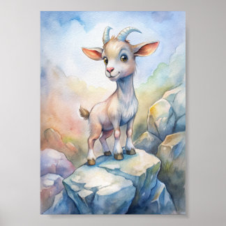Sprookjesachtige geit aquarel, Leuke natuurillustr Poster