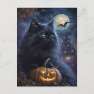 Sprookjesachtige Halloween Zwarte Kat en Volle Maa Feestdagenkaart