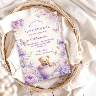 Sprookjesachtige Paarse Teddybeer Baby Shower Kaart