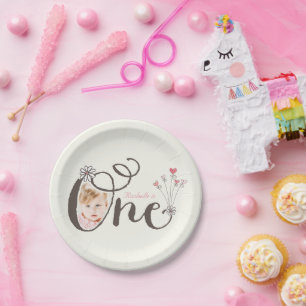 Sprookjesachtige Roze Baby Meisje 1e Verjaardag Fo Papieren Bordje
