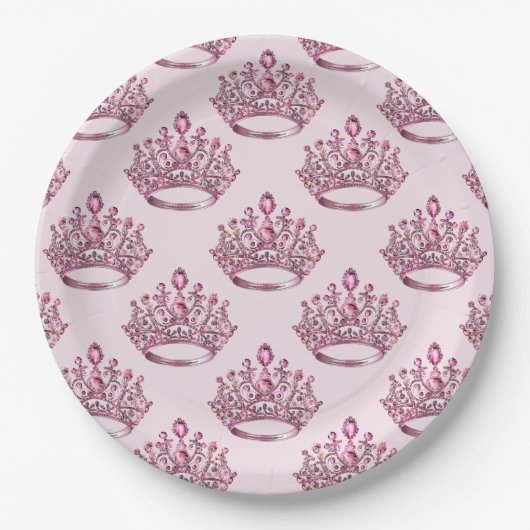 Sprookjesachtige Roze Prinses Kroon Verjaardag Papieren Bordje (Voorkant)
