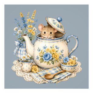 Sprookjesachtige Theepot Muis Cottagecore Bloemen Foto Afdruk