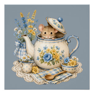 Sprookjesachtige Theepot Muis Cottagecore Bloemen Perfect Poster