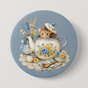 Sprookjesachtige Theepot Muis Cottagecore Bloemen Ronde Button 7,6 Cm