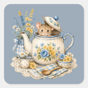 Sprookjesachtige Theepot Muis Cottagecore Bloemen Vierkante Sticker