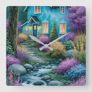 Sprookjesachtige Turquoise Cottage Betoverde Tuin Vierkante Klok