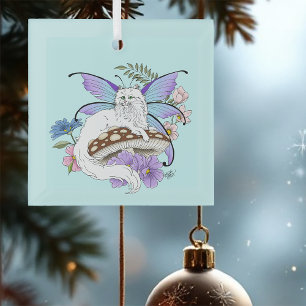 Sprookjesachtige Witte Fee Kat Blauwe Paddenstoel Glas Ornament
