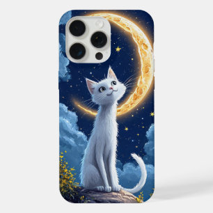 Sprookjesachtige Witte Kat die een Glanzende Maan iPhone 15 Pro Max Hoesje