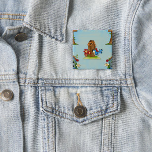 Sprookjesblauwe Vogel en Vogelnesthuis Cute Lente Vierkante Button 5,1 Cm
