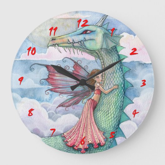 Sprookjesdraak en feeënmeisjes wandklok grote klok (Voorkant)