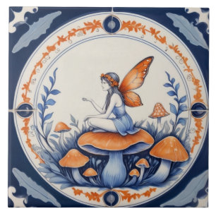 Sprookjesfiguur zittend op een paddestoel blauw & tegeltje