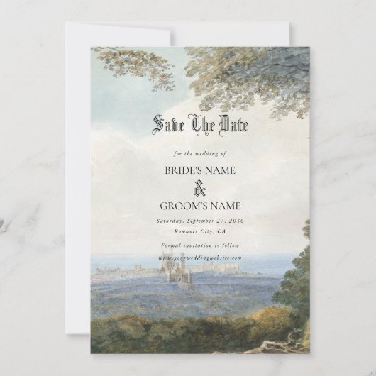 Sprookjeskasteel rustieke bos bruiloft Save The Date (Voorkant)