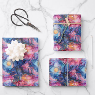 Sprookjesland Landschap Blauw Roze Inpakpapier Vel