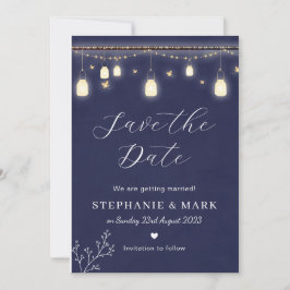 Sprookjeslichten save the date, marineblauwe trouw kaart