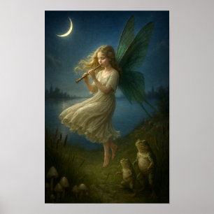 Sprookjesmeisje dat een fluit speelt voor kikkers poster