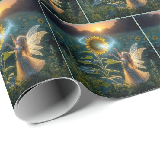 Sprookjesmeisje dat een spreuk op een zonnebloem w cadeaupapier (Rol Hoek)