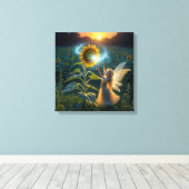 Sprookjesmeisje dat een spreuk op een zonnebloem w canvas afdruk (Insitu (Houten vloer))