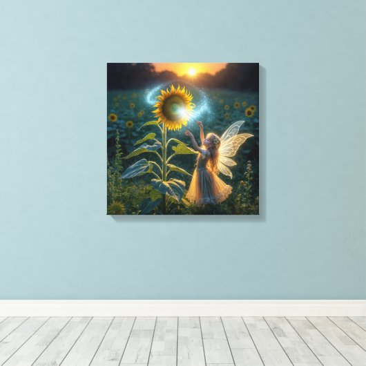 Sprookjesmeisje dat een spreuk op een zonnebloem w canvas afdruk (Insitu (Houten vloer))