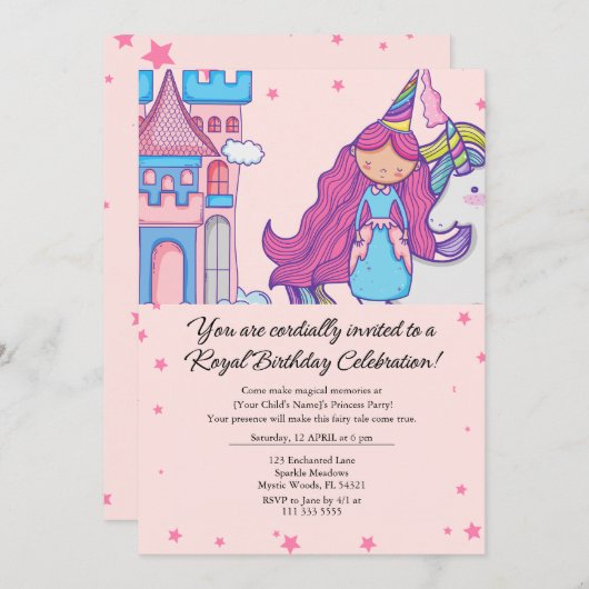Sprookjesprinses met eenhoorn Verjaardagsfeest Kaart (Voorkant / Achterkant)