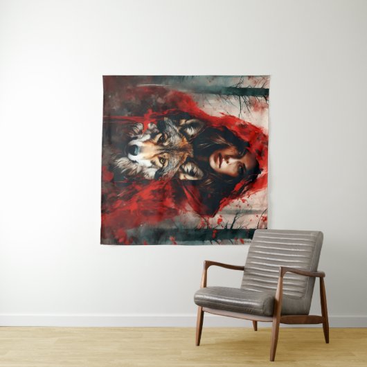 Sprookjesvrouw en een wolf wandkleed (In Situ (horizontaal))