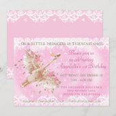 Sprookjeszwaan roze bloem en kant 1e verjaardag kaart (Voorkant / Achterkant)