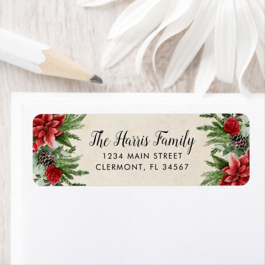 Spruce Pinecone en Poinsettia Parchment Paper Etiket (Insitu)