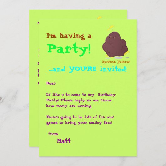 Spudman Yeehaw ! invitation du parti (Devant / Derrière)