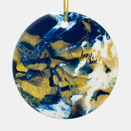SPW Glanzende Indigo Blauw en Goud Keramisch Ornament