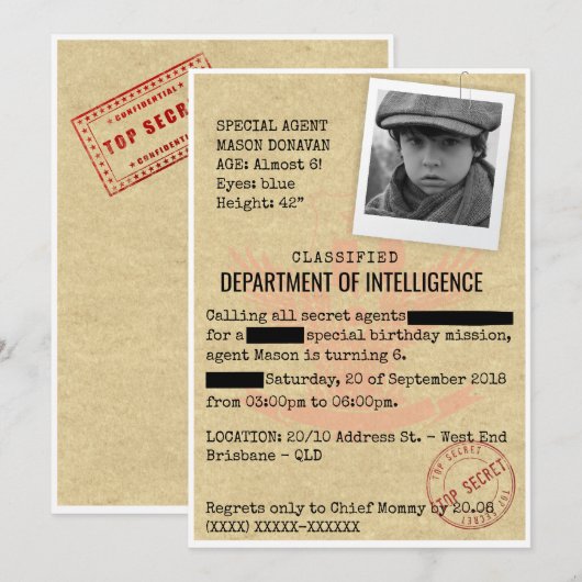 Spy Birthday Party Kaart (Voorkant / Achterkant)