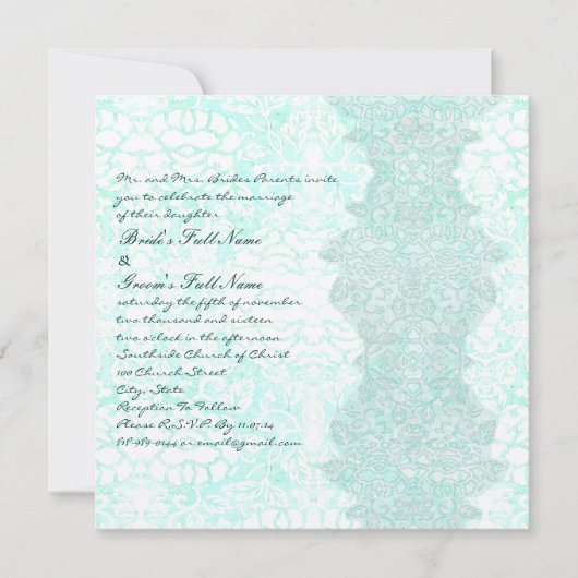 Square Aqua  Damask Wedding Invitation Kaart (Voorkant)