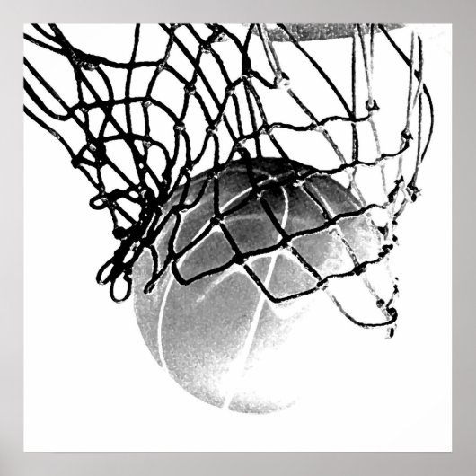 Square B&W Basketball Ball & Net Print Poster (Devant)