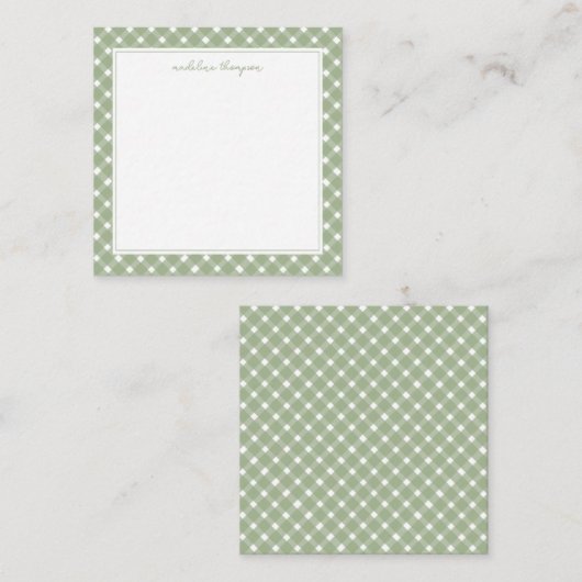 Square Basic Gingham Sage Green Border Notitiekaartje (Voorkant / Achterkant)