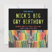 Square Big Gay Birthday Rainbow Cake Invite Kaart (Voorkant)