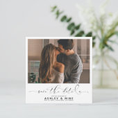Square Black Calligraphy Script Photo Weddenschap Save The Date (Staand voorkant)