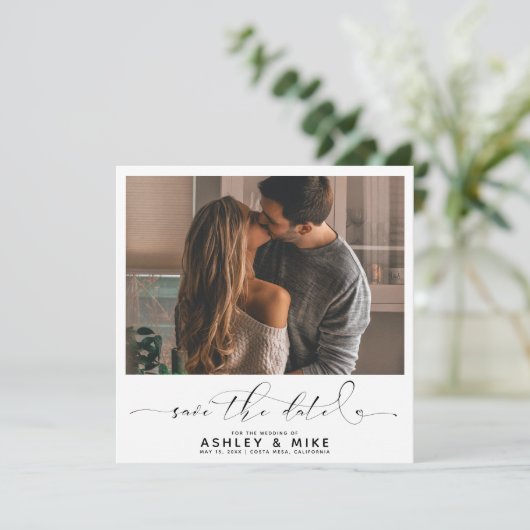 Square Black Calligraphy Script Photo Weddenschap Save The Date (Staand voorkant)