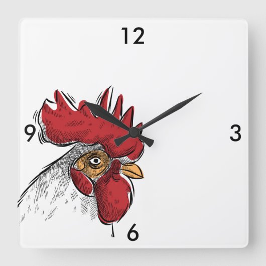 Square Black en White Chicken Head Clock Vierkante Klok (Voorkant)