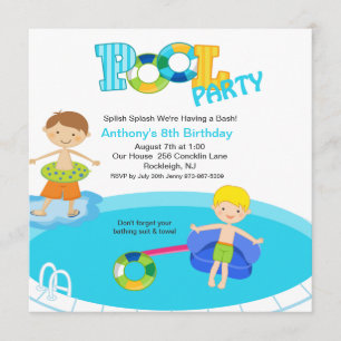 Square Blue Pool Party Boys Birthday Invitation Kaart
