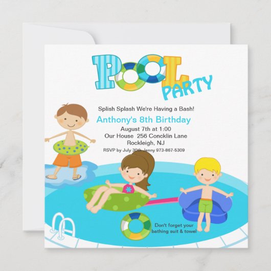 Square Blue Pool Party Boys Birthday Invitation Kaart (Voorkant)