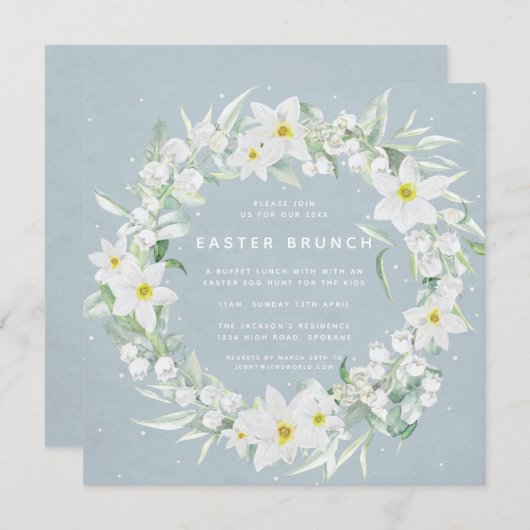 Square Blue + White Floral Wreate Easter Brunch Kaart (Voorkant / Achterkant)