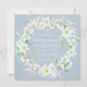 Square Blue + White Floral Wreate Easter Brunch Kaart