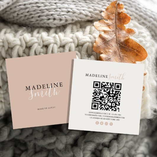 Square Boho Beige Script QR code Vierkante Visitekaartje