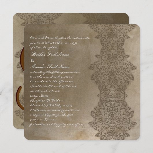 Square Brown  Damask Wedding Invitation Kaart (Voorkant / Achterkant)
