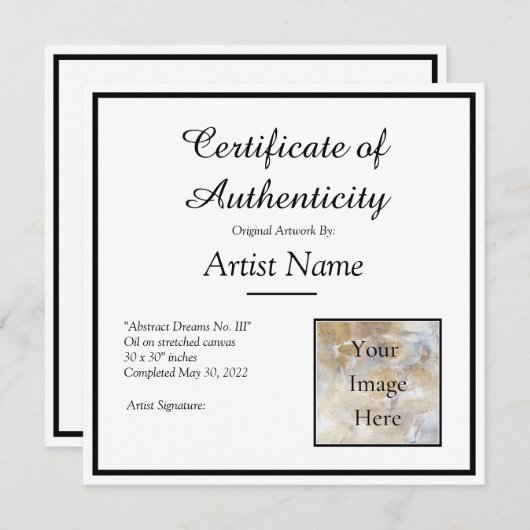 Square Certificate of Authenticity Sjabloon Foto Kaart (Voorkant / Achterkant)